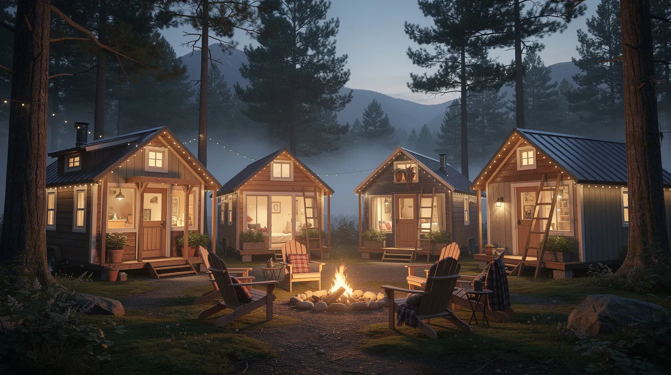 Fc16cef0737b4f9787243d42e822d1b9 The image depicts a cluster of charming tiny houses nestled in a cozy natural setting showcasing the tiny house movement's emphasis on affordable housing and sustainable living. Each tiny home features inviting porches and large windows, creating a warm atmosphere that reflects the essence of country living and tiny living communities.