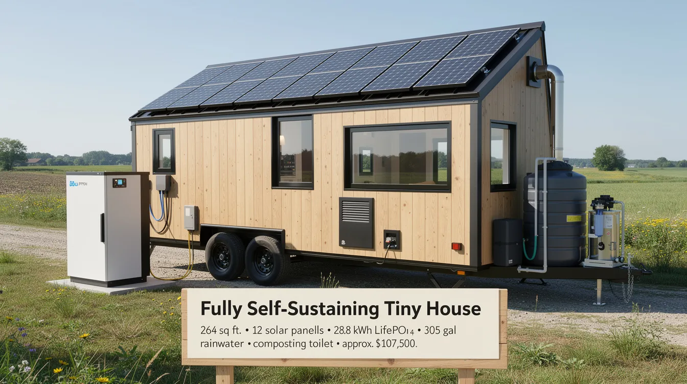Fc4c884fee544b35b4c10c909d561d53 This image showcases a fully self sustaining tiny house on wheels designed for off grid living featuring a complete solar panel system rainwater harvesting with filtration and a composting toilet The compact 264 sq ft living space emphasizes energy efficiency and sustainability making it an ideal choice for those seeking economic freedom and a minimal carbon footprint