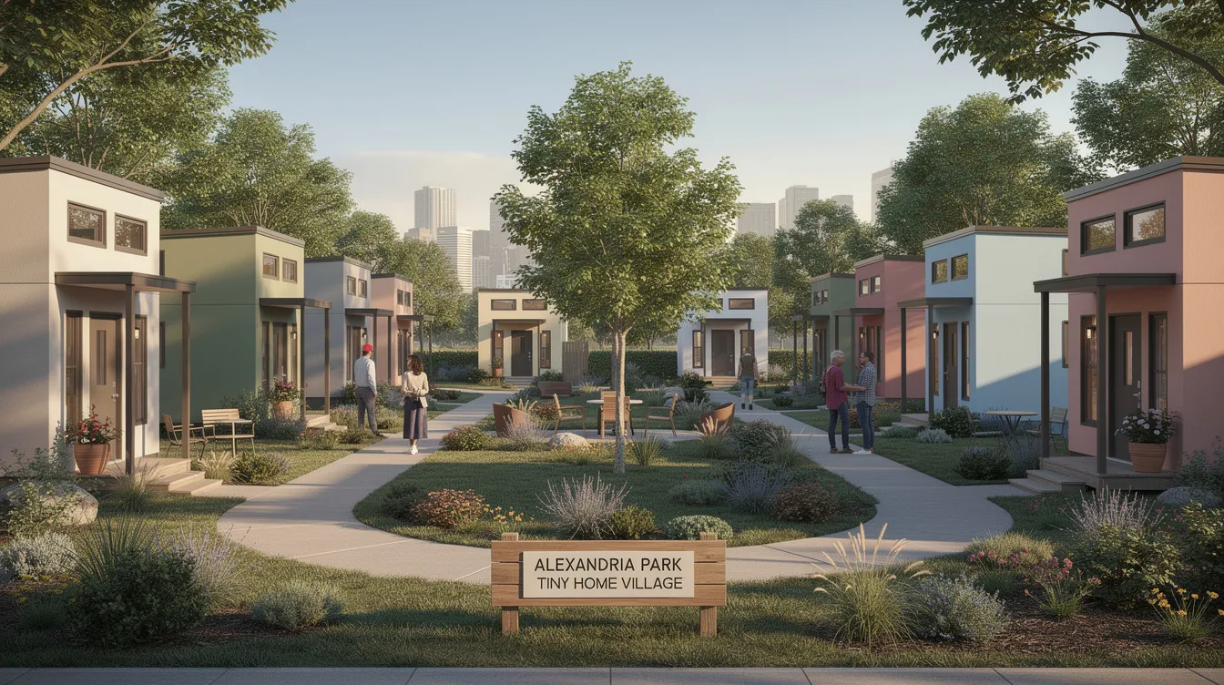 Fcca73b3ee814920aae054bad37cd1c5 The image depicts the Alexandria Park Tiny Home Village a community designed to provide permanent housing solutions for individuals experiencing homelessness in North Hollywood Brightly colored tiny homes are arranged in a village layout featuring communal amenities and ample congregation spaces aimed at fostering a supportive environment for residents