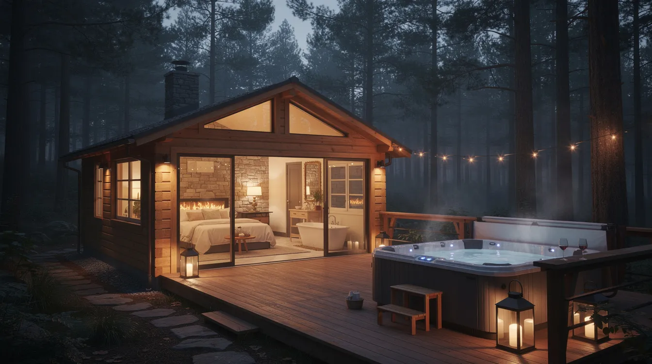 Fcd579cf1c6a4b948684ac4887019cd6 A cozy one bedroom cabin designed for romantic retreats featuring a king bed a private hot tub and a gas fireplace all set in a secluded location surrounded by nature This intimate setting in Broken Bow offers the perfect ambiance for couples seeking privacy and indulgence during their getaway