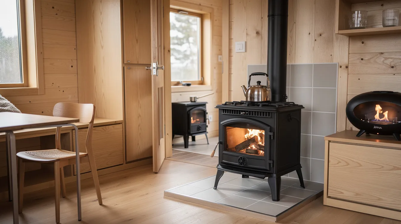 Fd0c5fd7ebf04e308f361976cf2fcc4a This image showcases a compact wood burning stove designed for tiny homes illustrating its small size and efficient heating capabilities The stove resembling popular models like the Jøtul 602 emphasizes cozy warmth and serves as both a heating solution and a cooking surface perfect for maximizing space in small living areas
