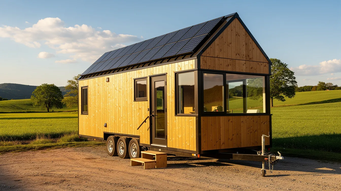 Fd0e7210e245459da8ce411d6441eec7 The image shows a tiny house on wheels with solar panels installed on its roof set against a sunny rural landscape The house is surrounded by greenery highlighting its off grid living capabilities and sustainable energy use