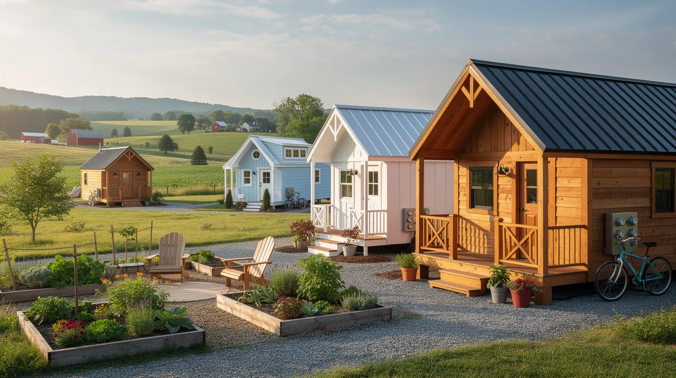 Fd9f9ad0f7e04956afe090793aa0b366 The image showcases a collection of tiny houses in Lancaster PA nestled within a picturesque landscape highlighting their cozy retreat style and unique architecture Each tiny home features a charming design surrounded by greenery offering a perfect getaway in Lancaster County