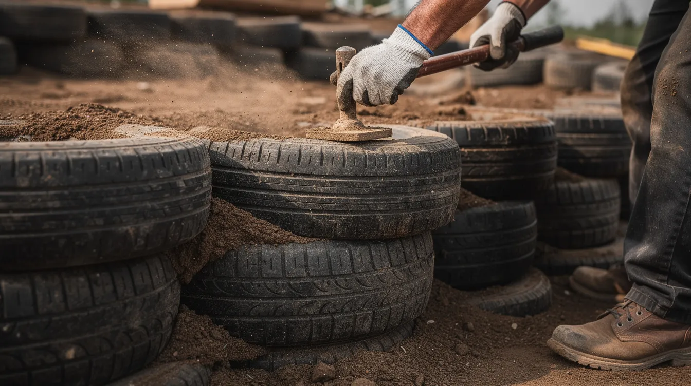 Fddeb137eb2840a9a11e00ae7165508b The image depicts workers closely pounding dirt into used automobile tires that are stacked to create a thick wall showcasing a sustainable building method associated with earthship construction This technique utilizes natural and recycled materials emphasizing the principles of self sufficiency and eco friendly living in the earthship project