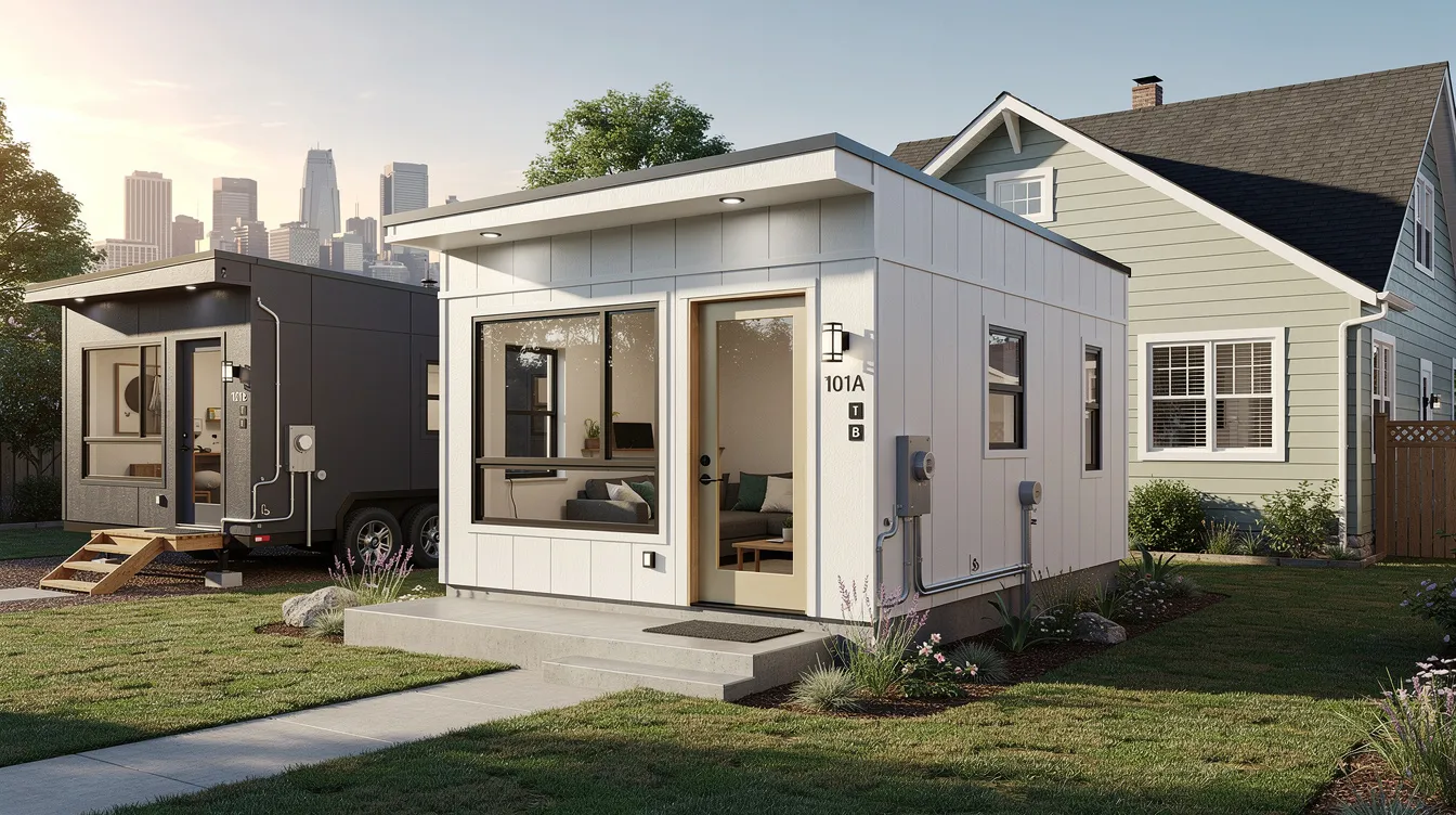 Fe3594d703554fb38133a3c06d8baca6 The image depicts a foundation based tiny home showcasing a sleek modern design with an open floor plan that maximizes functionality within its compact living space of under 600 square feet This tiny house features large windows for natural light a cozy dining area and clever storage solutions making it an ideal choice for a primary residence or a guest house in a backyard setting