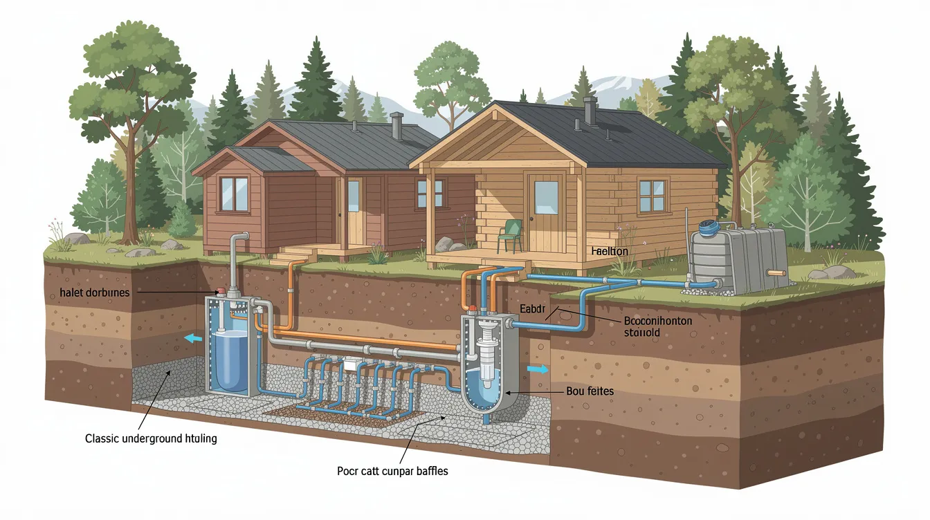 Feabce69b58b4df5a331e1017a02e6d5 The image depicts a small septic system designed for cabins showcasing components such as a septic tank sewer pipe and a drain field This efficient system is essential for managing wastewater including liquid waste from sinks and toilets in a private setting