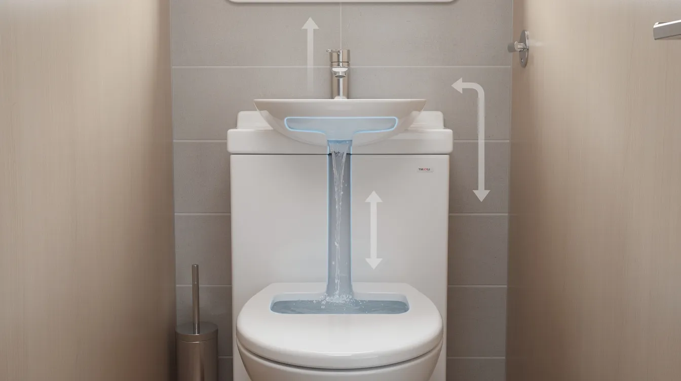 Ff23d58d5237409c8a9fcf7ddc052029 The image depicts a compact all in one toilet and sink unit designed for tiny houses showcasing a small sink bowl integrated with a toilet This space saving solution is ideal for off grid living effectively reusing handwash water for flushing while the faucet options are limited due to the unit's size.