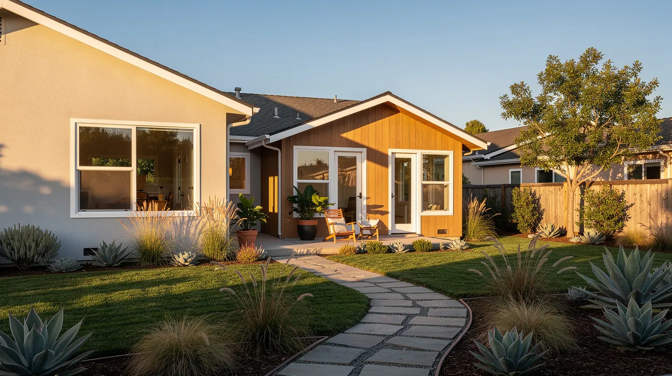 Ffb2e0a19a984e588d1b95f3f08a4607 A small modern cottage designed as a tiny home ADU sits in a sunny California backyard behind a larger house showcasing the growing trend of accessory dwelling units The cottage features a pitched roof and is surrounded by greenery reflecting the minimalist ethos of tiny home living