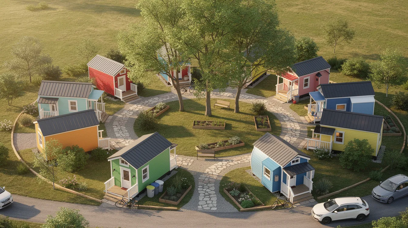 Ffc067301f4b404ba4a6ec608f1d4092 An aerial view showcases a vibrant tiny home community featuring colorful tiny houses arranged around a shared courtyard filled with trees and pathways This scene reflects the tiny house movement highlighting the appeal of energy efficient housing and community development within a permanent location