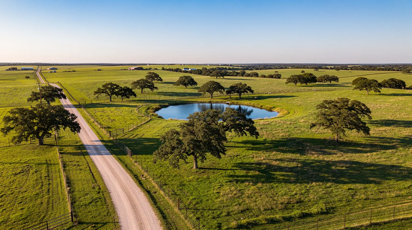 Ffced8fdfa664c5e815e422a3eeaa2cc An aerial view of a rural Texas property showcases lush green pastures a serene small pond and scattered oak trees with a gravel road meandering through the landscape This picturesque setting highlights the potential for earth sheltered homes offering a sustainable and energy efficient living option amidst the natural beauty