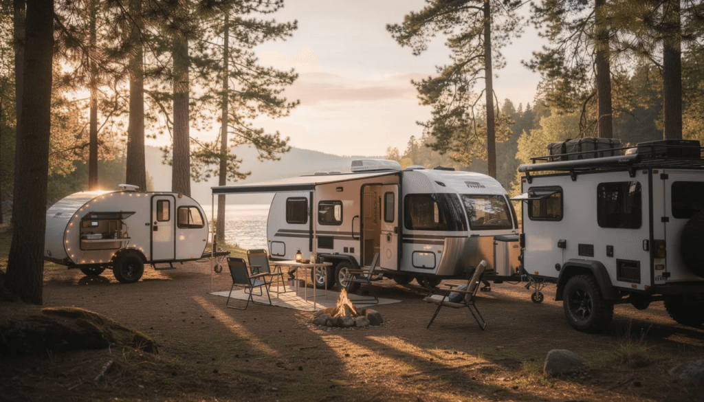 Image1181024x5851 RV campsite by a lake at sunset with a small campfire and outdoor chairs and table set up between the trailers