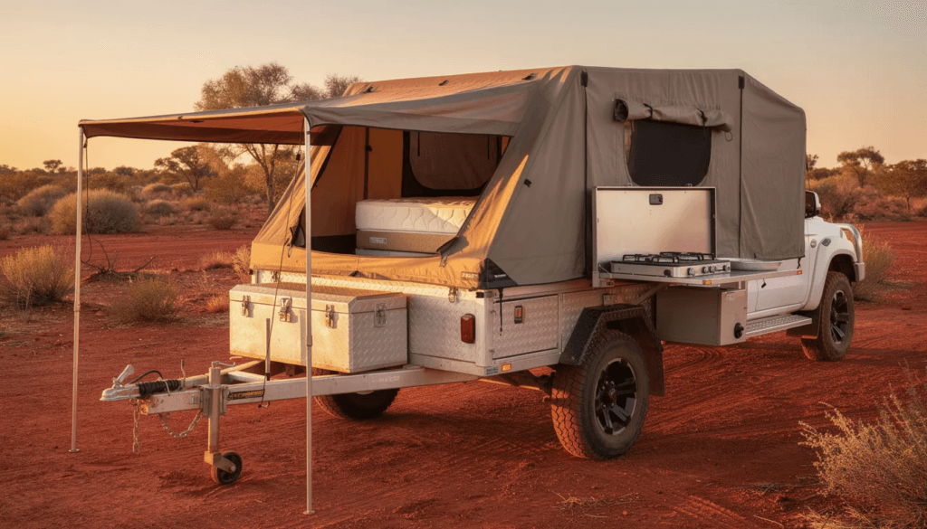 Image1211024x5851 Overland camping rig a white pickup with a tented sleeper on the back and metal tool boxes in a desert setting at sunset