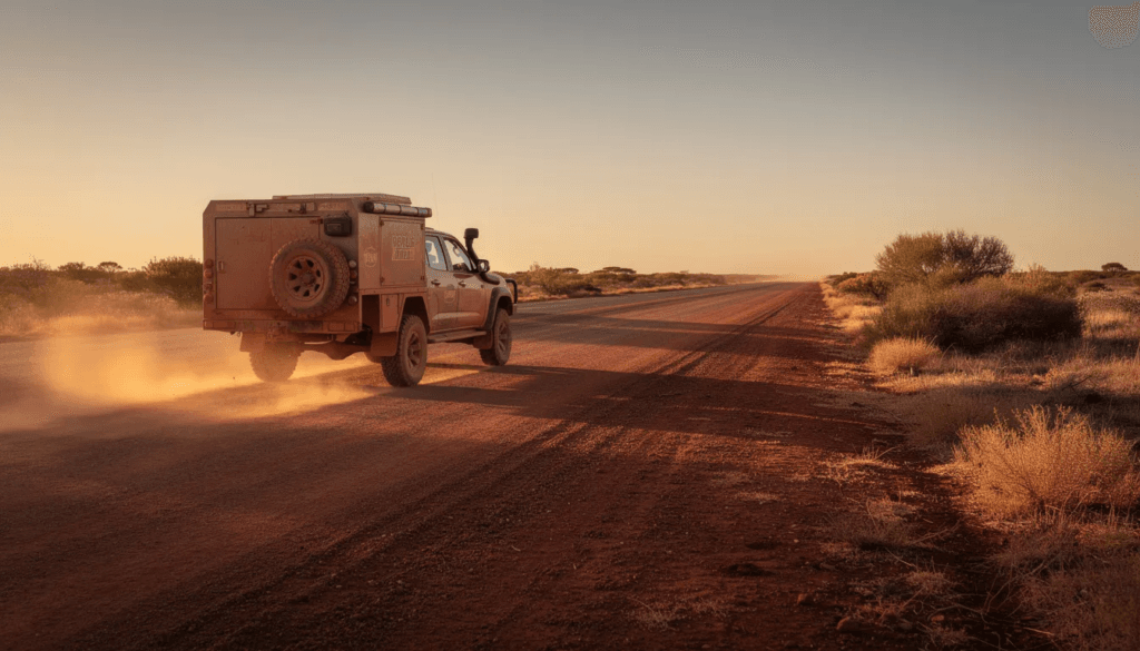 Image1241024x5851 Off road truck kicking up dust on a deserted dirt road at sunset in a arid landscape with shrubs nearby