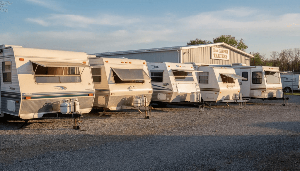 Image1251024x5851 Row of beige and white travel trailers parked in a gravel lot with a building labeled'Used Camper Trailers' in the background.