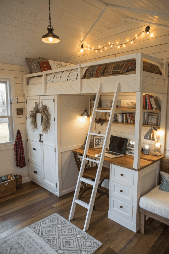 A loft bed setup in a cozy tiny home with a study area underneath The image illustrates the effective use of vertical space and the additional storage options provided by the loft design
