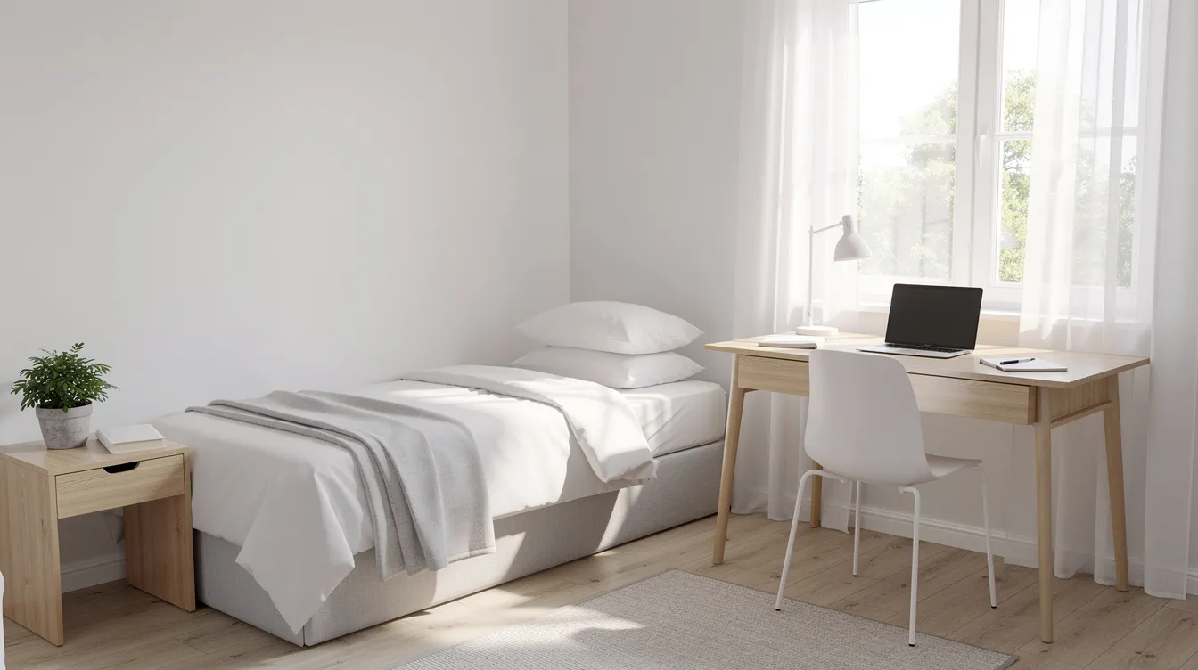 01662b8744e74b3ab8485059228a141d The image depicts a bright and tidy small bedroom featuring a neatly made twin bed against a white wall complemented by a small desk positioned near a window that allows natural light to stream in creating a spacious feel in this cozy living space The arrangement maximizes floor space and incorporates clever storage solutions making it an excellent example of small space living