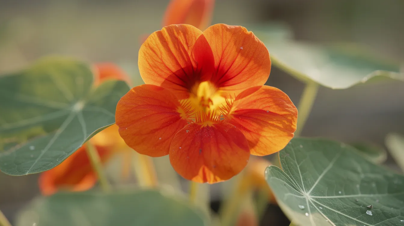 0206d93b0f974630a7415159f8fdb1f2 The image features vibrant nasturtium flowers Tropaeolum majus with their striking tubular shapes and rich colors showcasing a mix of deep oranges and yellows These hardy edible flowering vines thrive in full sun to partial shade making them ideal for vertical space in small gardens