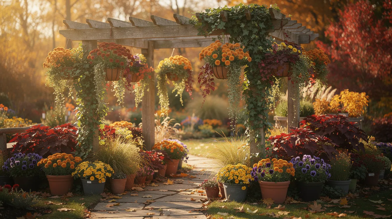 0208b439ddd8404692583be2ac19a0a7 The image features a vibrant hanging basket filled with colorful fall flowers including deep reds and bright oranges perfect for enhancing any autumn garden Surrounding the basket are ornamental grasses creating a beautiful fall landscape that adds interest to a front porch or patio