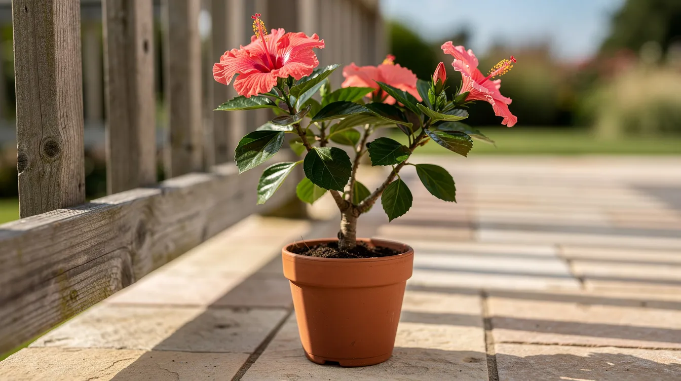 02c1810a74134304971ebd2c046b11e3 A small potted dwarf hibiscus with vibrant pink blooms is situated on a sunny patio beside a wooden railing showcasing its tropical beauty The plant features lush foliage and showy tubular flowers thriving in bright indirect light perfect for adding a splash of color to any space