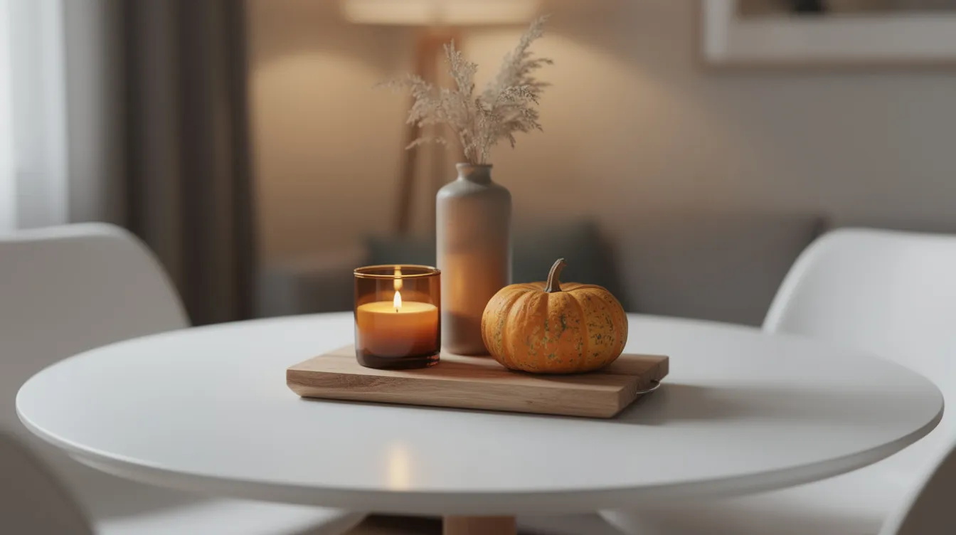05df9a06e3524f50a028cb1aaddf3cf7 A cozy fall decor centerpiece for a round table features a tray or small cutting board at the center holding an amber glass candle a mini vase with dried grasses and a decorative gourd This simple yet functional arrangement enhances the room's design while providing practical uses for dining and ambiance.