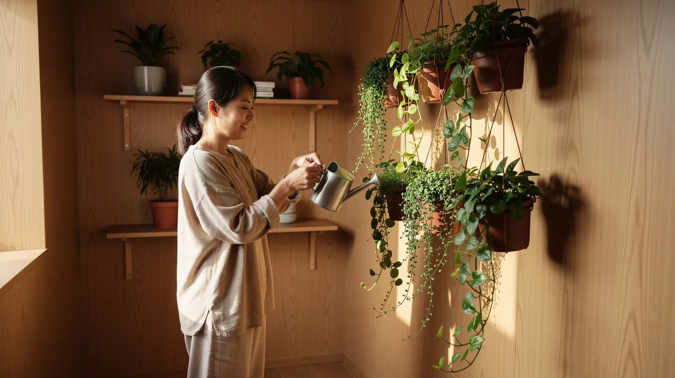 07a8ed4b29024633a1dd126d075ba703 A person is watering small hanging planters filled with trailing green plants inside a compact wooden walled room showcasing a creative vertical garden idea that enhances the small space The arrangement of these pots adds an aesthetically pleasing touch while promoting indoor food production