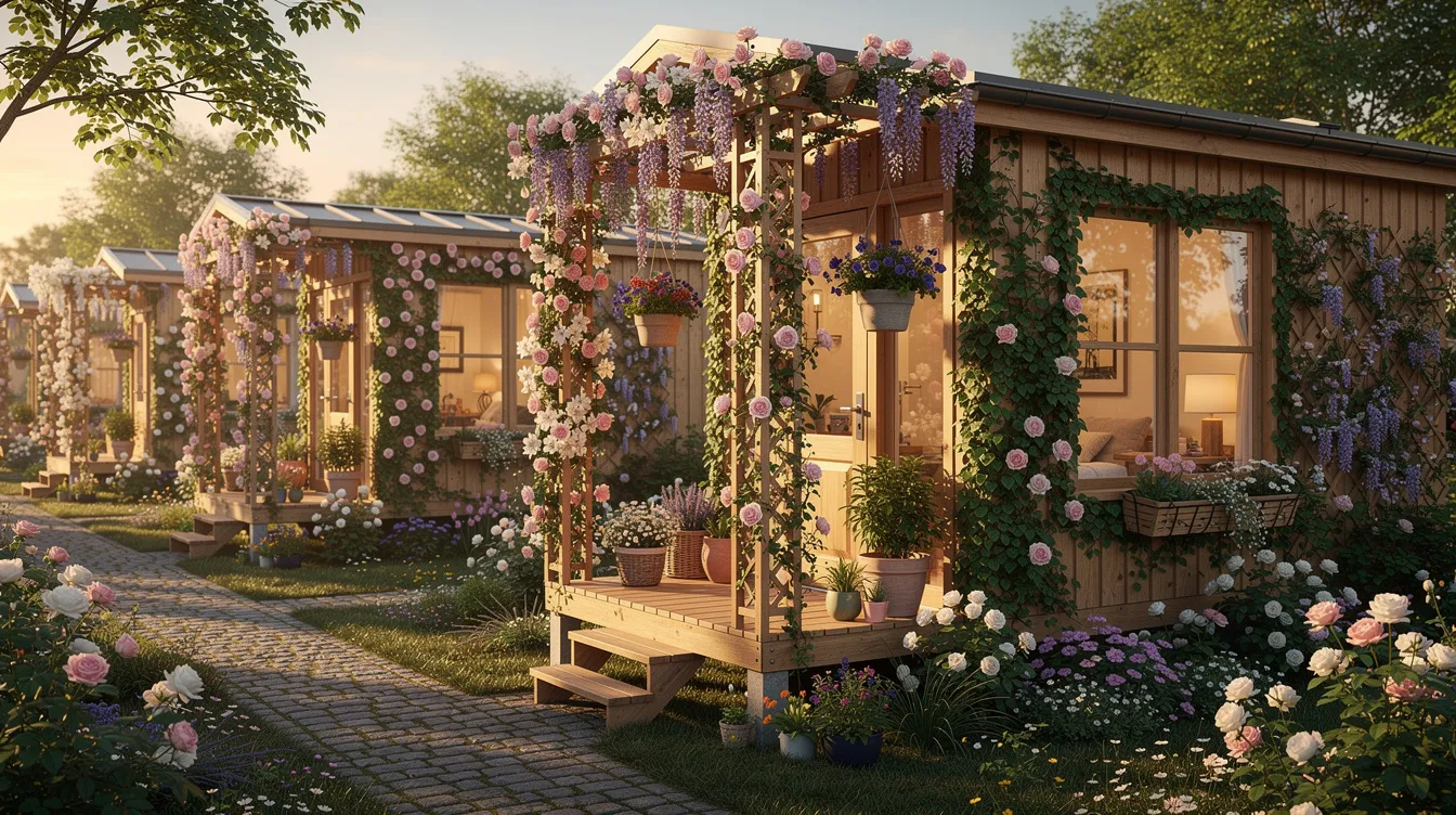 087fc2467e1a4161a341c6f40395b659 The image features a vibrant display of climbing flowers including colorful flowering vines such as wisteria and clematis thriving on a sturdy trellis in a small garden These perennial vines suited for full sun to partial shade create vertical space filled with fragrant blooms that attract beneficial insects and hummingbirds