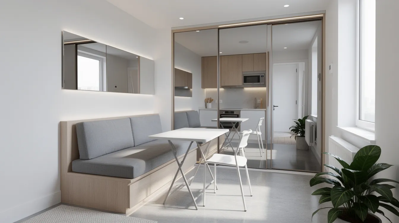 09f9cd142ac74c748afe1e986f6c0008 This image showcases a tiny house interior emphasizing the strategic placement of mirrors to enhance natural light and create a sense of space Reflective surfaces are arranged according to feng shui principles visually expanding the compact living area while maintaining a balance of energy and comfort