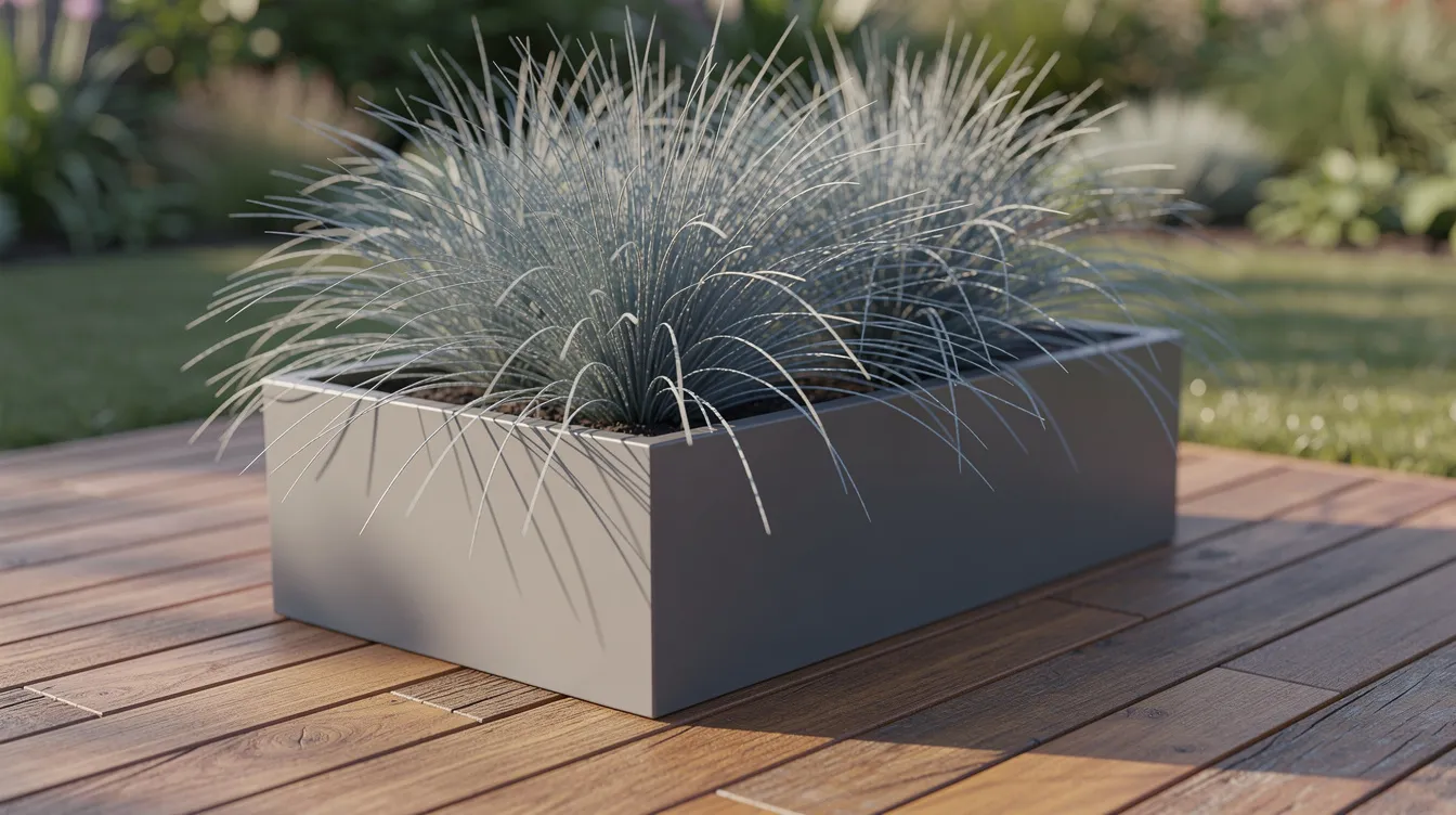 0c9ec9f2bf644caf93b4310f18b18c81 A modern grey container holds vibrant blue fescue ornamental grass placed on a small wooden deck showcasing creative ideas for small garden spaces This low maintenance plant adds beauty and interest to tiny areas perfect for container gardens and enhancing outdoor seating areas