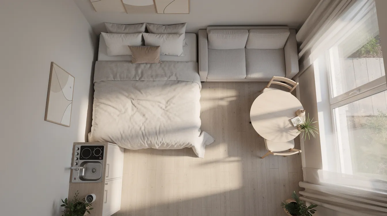 0e3236ce230a4073afb92422896cf370 This image depicts a bright studio apartment viewed from above showcasing a cozy bed area a compact kitchen a small sofa and a dining nook bathed in warm natural light streaming through a window effectively illustrating a multifunctional living space The layout emphasizes the efficient use of square footage typical of one bedroom apartment designs