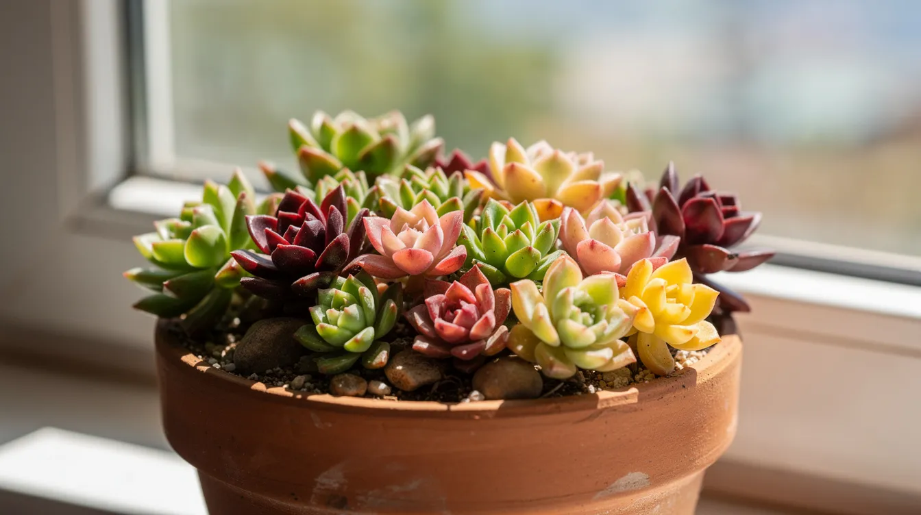 0eaed5e7e62d4b39b9f20ba3ad33110a A charming collection of colorful hen and chicks succulent rosettes featuring shades of pink and green is nestled in a small shallow terracotta pot on a sunny windowsill creating a perfect setting for a fairy garden These lovely miniature plants thrive in full sun making them ideal for small homes and enchanting fairy friends