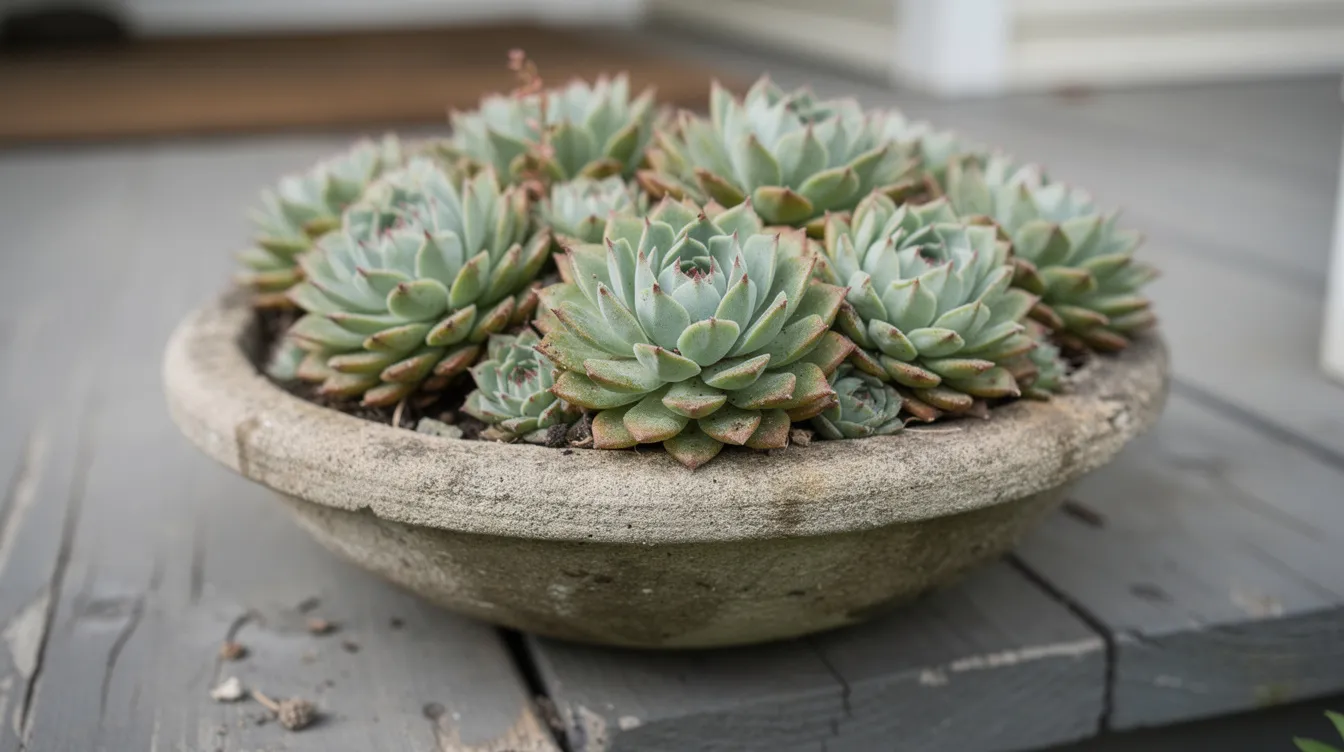 10312f90a01f4780b3b5b2fc2ceaa5ef A shallow stone planter filled with several rosettes of hens and chicks succulents sits on a wooden porch step showcasing their dark green foliage These drought tolerant plants make excellent front door plants adding year round interest and curb appeal to the entrance