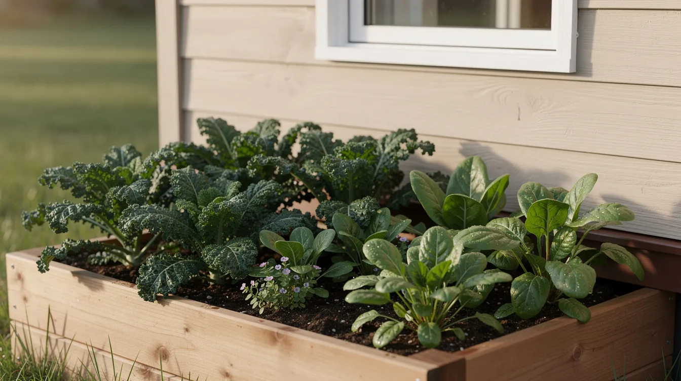 1088d6512185441d801d3d8aa0627e82 A small raised bed filled with vibrant kale spinach and radish greens is situated next to the exterior wall of a tiny house showcasing an inviting fall garden The scene captures the essence of vegetable gardening during the cooler temperatures of autumn with the earthy tones of the soil complementing the lush foliage of the plants