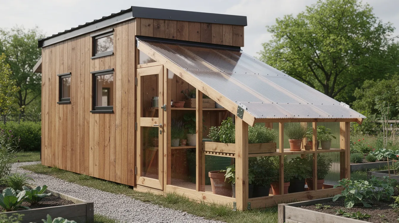 14222d3c9ac34c9582c96e29396d08b8 The image depicts a small lean to greenhouse constructed with clear polycarbonate panels attached to the side of a wooden tiny house This mini greenhouse serves as an excellent growing space for seedlings and plants helping to extend the growing season and protect them from colder weather
