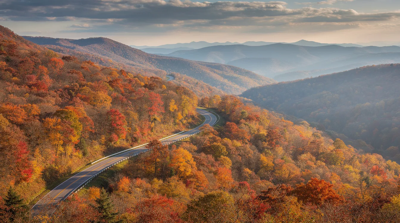 161abe68ec634d48a15867bca5f721ad The image depicts the Blue Ridge Parkway meandering through the majestic Blue Ridge Mountains adorned with vibrant fall foliage in shades of red orange and yellow capturing the essence of the fall season This picturesque setting offers stunning views and a perfect backdrop for a fall getaway amidst the natural beauty of the east coast