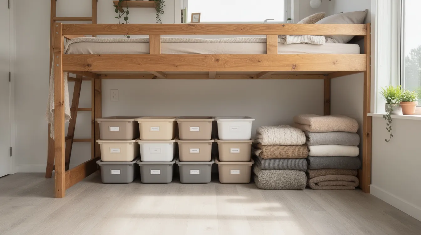 161ce3d7361a48f29e237713dde7377f The image shows a cozy corner of a tiny home featuring neatly organized storage bins and folded blankets tucked beneath a wooden loft bed creating a functional and inviting space perfect for fall decorating ideas The warm tones and soft textures enhance the beautiful home atmosphere making it a perfect spot to relax and enjoy the season