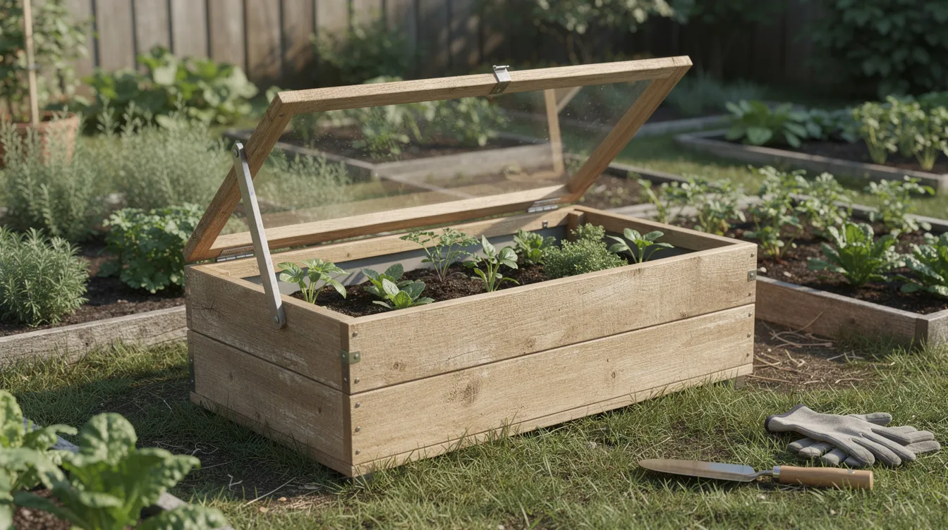 166779fea4004e9db42ab357e24330c6 The image features a wooden cold frame box with an angled glass lid propped open situated in a small garden This mini greenhouse provides an ideal growing space for seedlings and plants offering protection from colder weather while extending the growing season