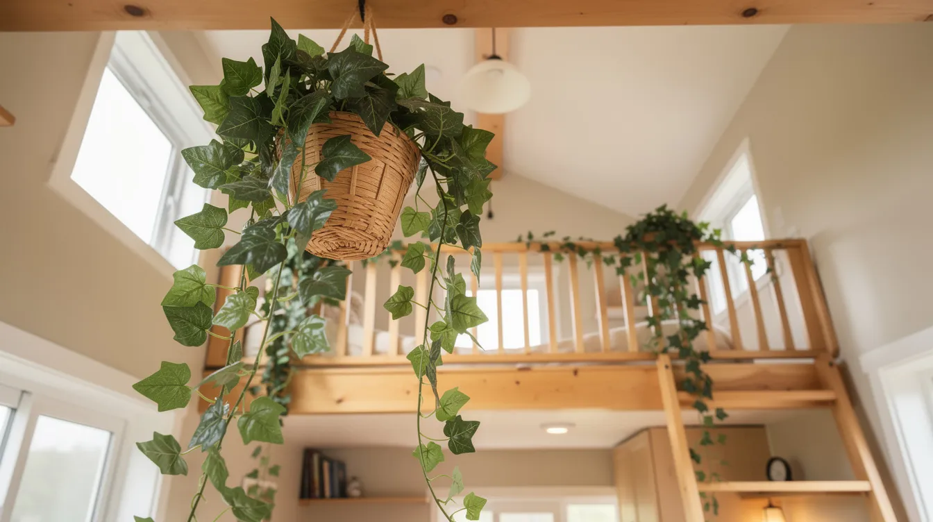 193f2e1c635f48869955db2f2a163524 The image depicts a vibrant hanging basket filled with cascading ivy plants showcasing the heart shaped deep green leaves of the Hedera helix'Sweetheart'. This arrangement allows for a dramatic spill of foliage, perfect for tiny homes with high ceilings or loft areas, emphasizing the beauty and versatility of ivy as a popular houseplant.