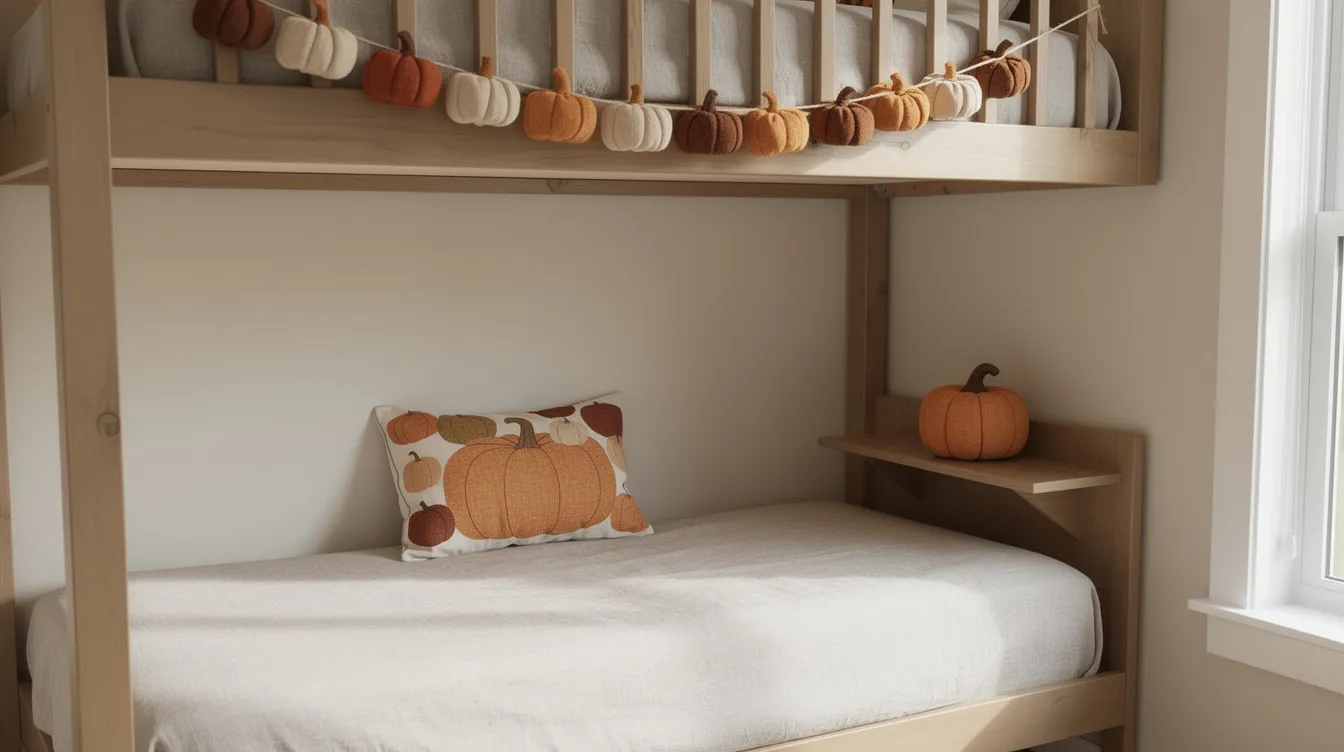 19be1ca9c99a4fc7878ec405bc32aff4 A cozy loft sleeping zone features a string of small fabric pumpkins draped across the railing enhancing the rustic decor A pumpkin printed lumbar pillow complements the bedding while a sturdy 4 inch fabric pumpkin rests on a built in night shelf adding charm to the space