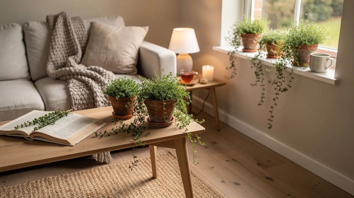 1a458d0fbf6a414b9ceae73a773baa7c The image features a cozy tiny house adorned with vibrant blooms of creeping thyme creating a charming atmosphere Hanging baskets filled with colorful flowers add to the delightful decor making the small space feel inviting and alive with nature