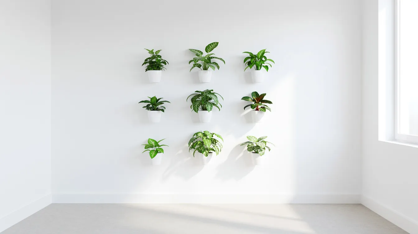 1b71485585c742ab95ee04596a20c25e The image shows a small bright room with white walls adorned with several wall planters featuring vibrant green plants arranged in a vertical pattern This creative living wall design enhances the indoor space making it a perfect home decor idea for small rooms