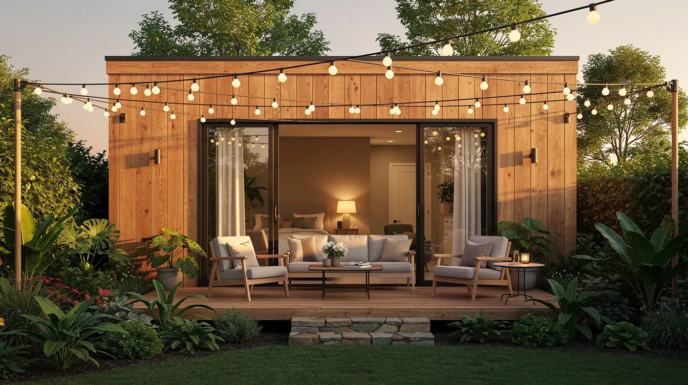 2245ffab69374ebda3ebdf9800bff7e8 A warm toned wooden tiny home features large sliding glass doors that fully open to a lush backyard patio adorned with string lights and comfortable outdoor seating creating an inviting indoor outdoor living space This design emphasizes the harmony between the cozy interior and the vibrant outdoor living area