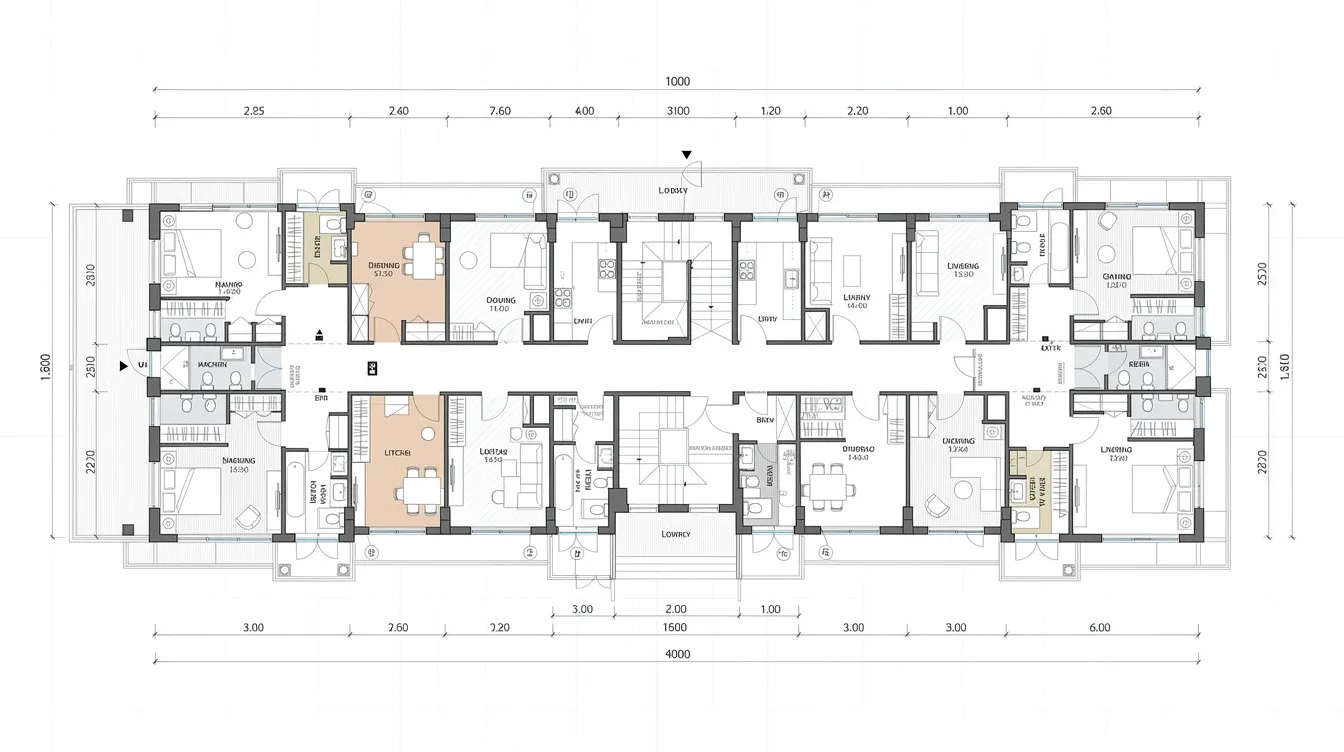 2610ce6280894a19b64380bcc7123cd5 This top down architectural floor plan of a multi unit residential building illustrates the layout of individual apartments corridors and additional units showcasing various apartment plans with details on bedrooms and balconies The design emphasizes space efficiency and provides a clear view of the building's overall structure and options for family living.