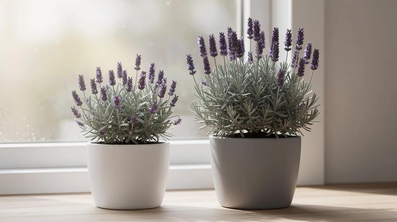 26b3585b60bc436eb140d5cd45b36db6 The image features compact lavender varieties including the dwarf cultivars'Wee One' and 'Hidcote', which are ideal for indoor pots. These fragrant houseplants, known for their aromatic blooms and foliage, add a clean herbal aroma to small rooms, thriving in bright sunlight and slightly acidic soil.