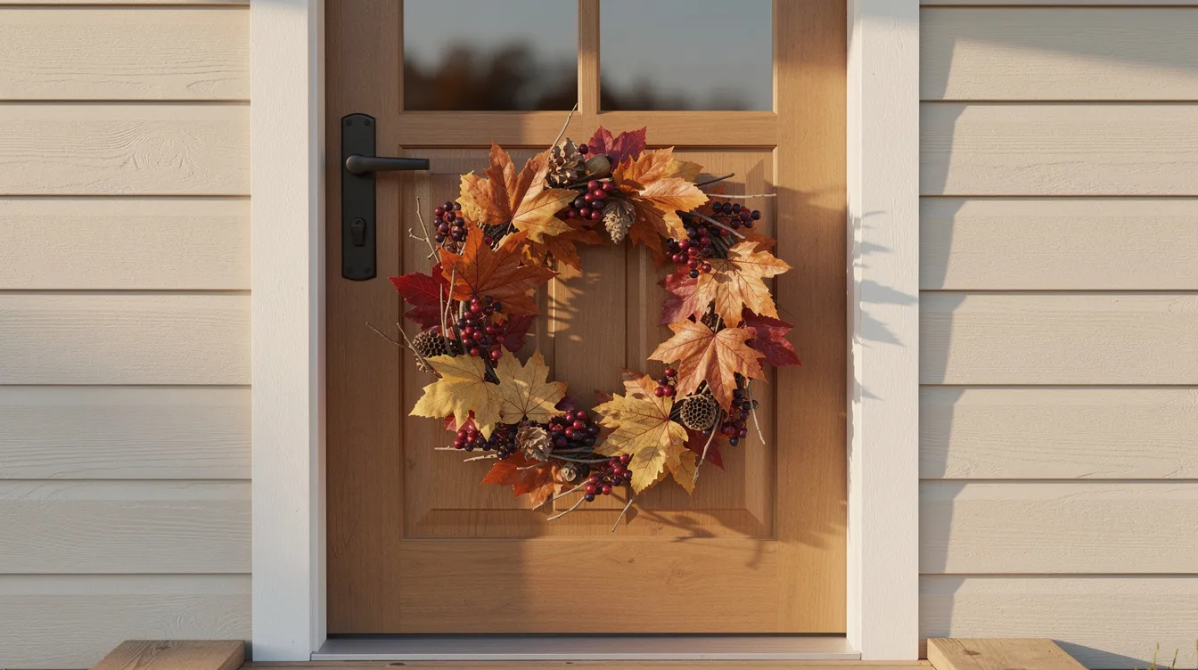 2842907045bb43ab9f689ea1ee96aef2 The image features a tiny home's front door adorned with a beautiful fall wreath made of dried leaves and berries, creating a cozy atmosphere perfect for the season. Surrounding the door, mini pumpkins and seasonal items enhance the fall decor, adding charm and warmth to the entrance.