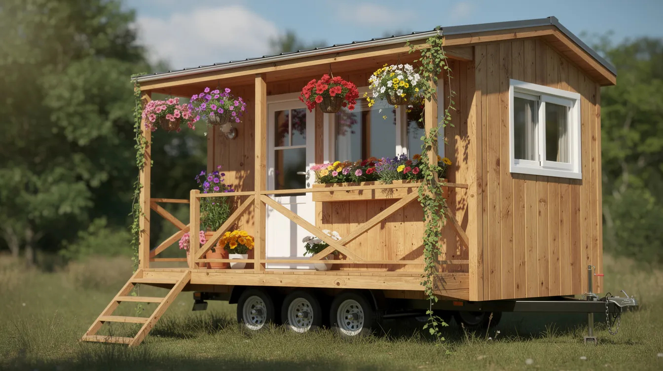 295ca5bc08e14b52b322a42b8cd0b608 A charming tiny house on wheels features vibrant blooms in colorful flower filled window boxes and hanging baskets adorning a small wooden porch The arrangement of delicate flowers creates a welcoming atmosphere perfect for small spaces and attracting butterflies
