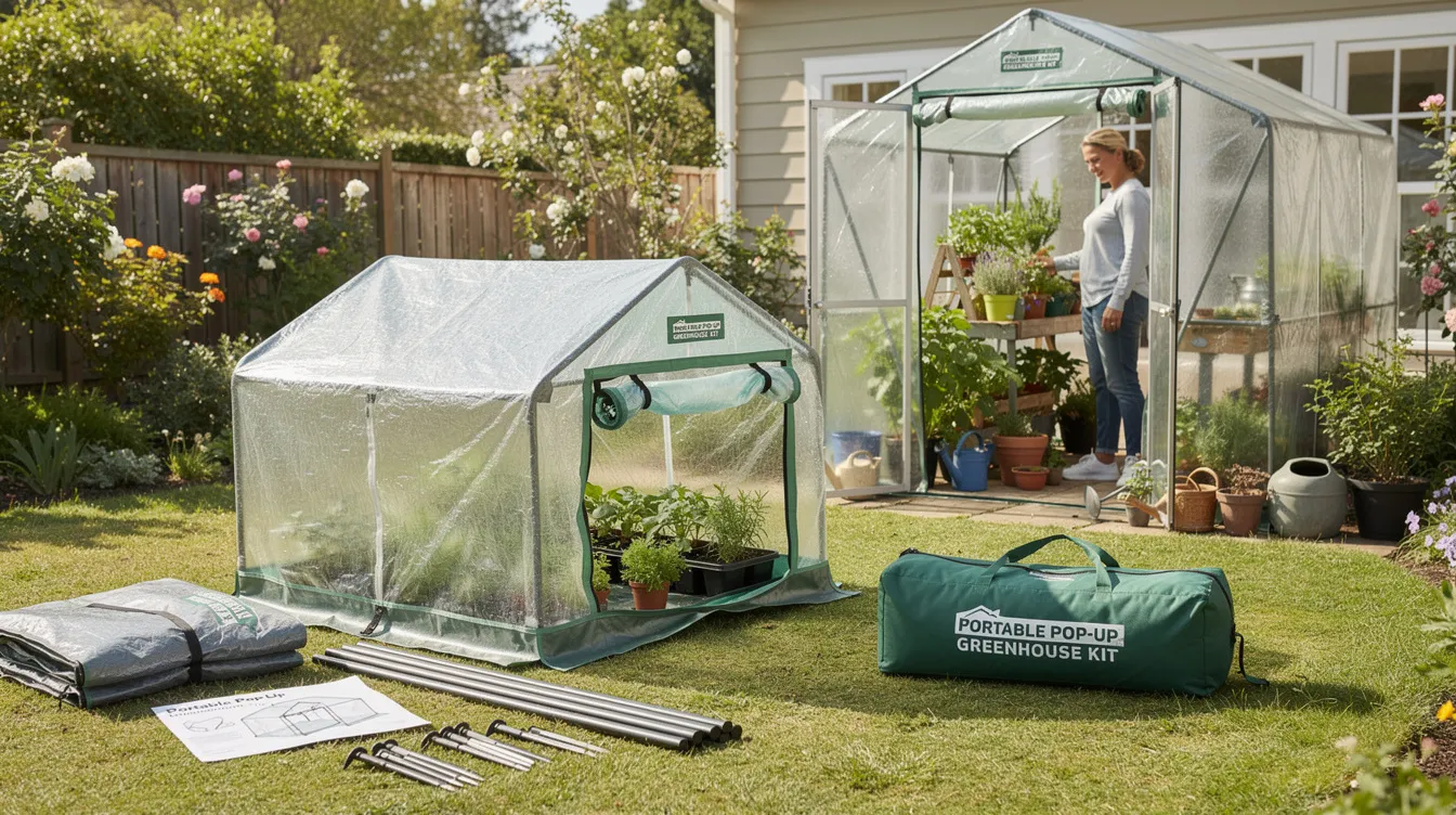 29b7a1afab0345f69d9dbc51499ab7d0 The image depicts a portable pop up greenhouse kit featuring a compact design suitable for small gardens or patios This mini greenhouse is easy to assemble offering a protective environment for seedlings and plants helping to extend your growing season even in colder weather