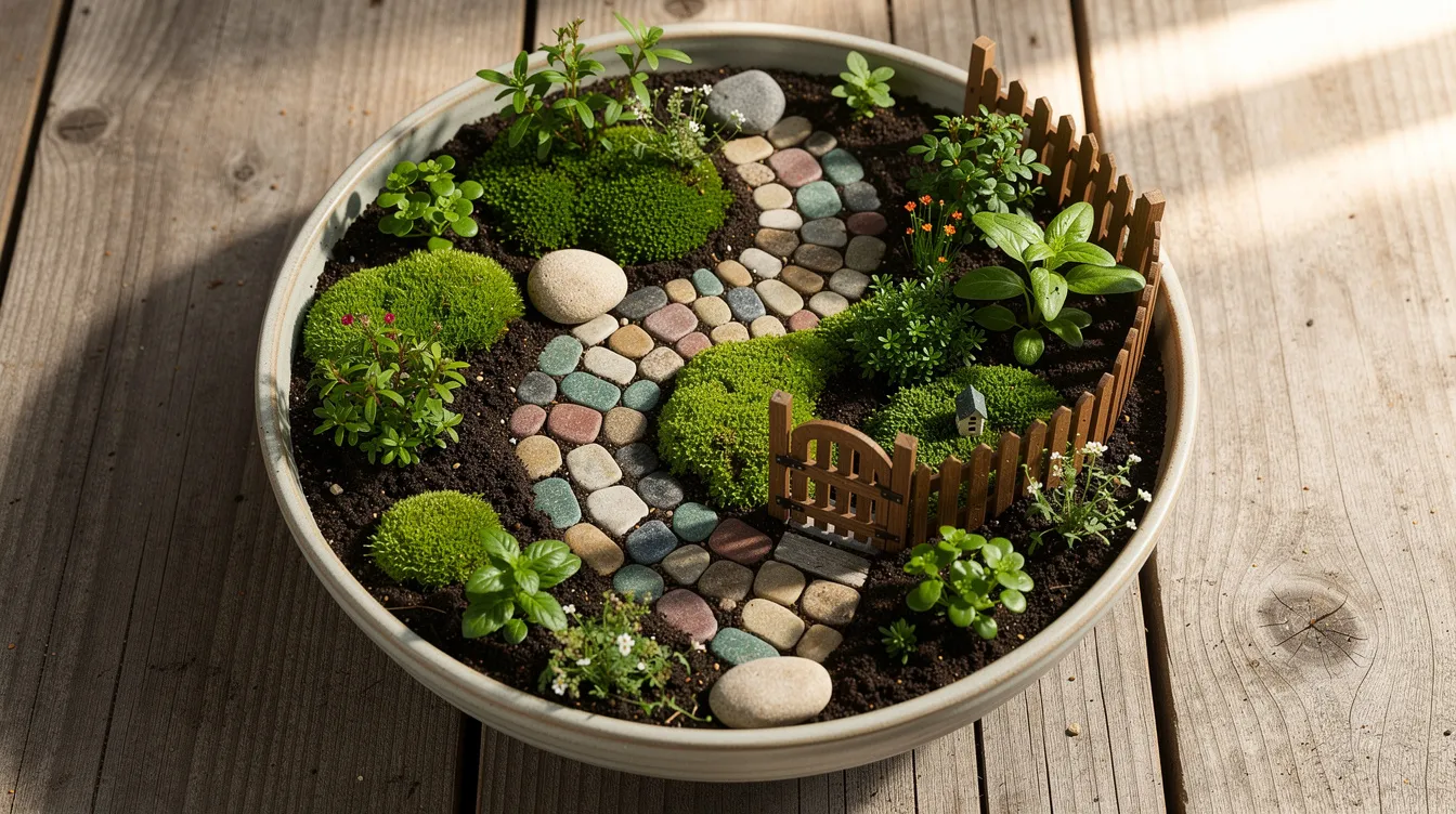2bd2552f90b84ff6a9b66e5e094b9042 An overhead view of a charming miniature fairy garden nestled in a wide shallow bowl featuring tiny plants small rocks and a delicate wooden fence The scene includes vibrant yellow and pink flowers dwarf plants and lush irish moss creating a whimsical environment perfect for fairy friends