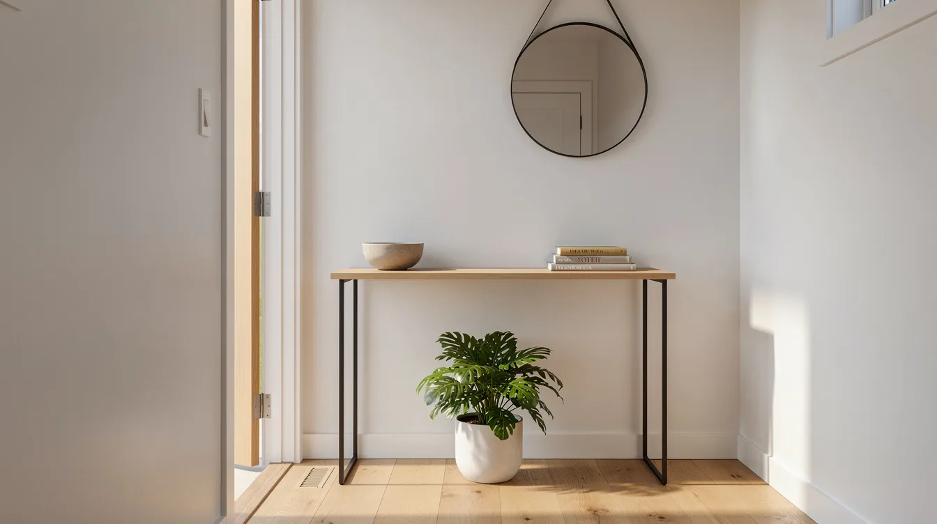 2deb68a0eadc45afb6d503159bcfd51d The image depicts a tiny home entryway featuring a small console table and a round mirror on the side wall with a potted plant nestled underneath This design reflects feng shui principles enhancing the space's natural light and creating a balanced atmosphere in the compact area.