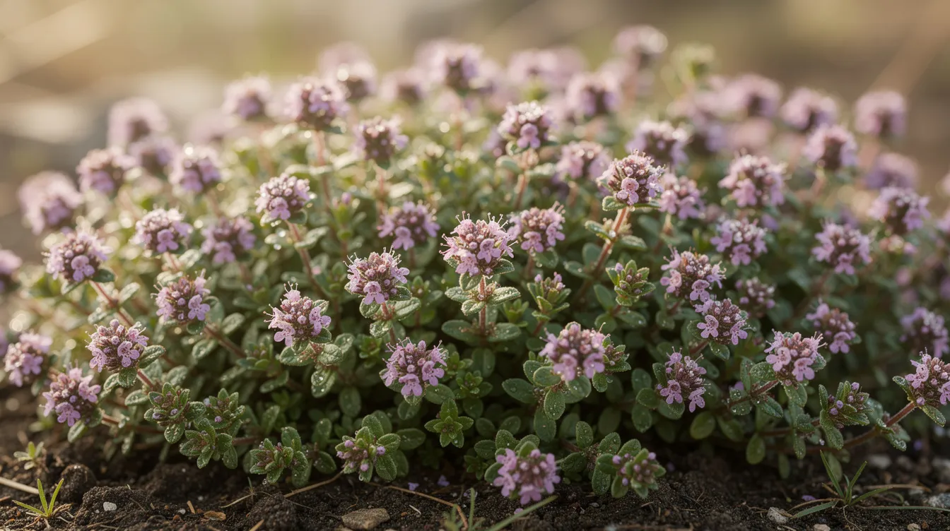 2e51026d05b94ebba2bc7b147fb86670 The image features a lush patch of Creeping Thyme Thymus serpyllum a low maintenance herb perfect for small garden ideas This vibrant ground cover thrives in full sun making it an excellent choice for container gardens and raised beds in tiny spaces while adding beauty and interest to any backyard or patio setting