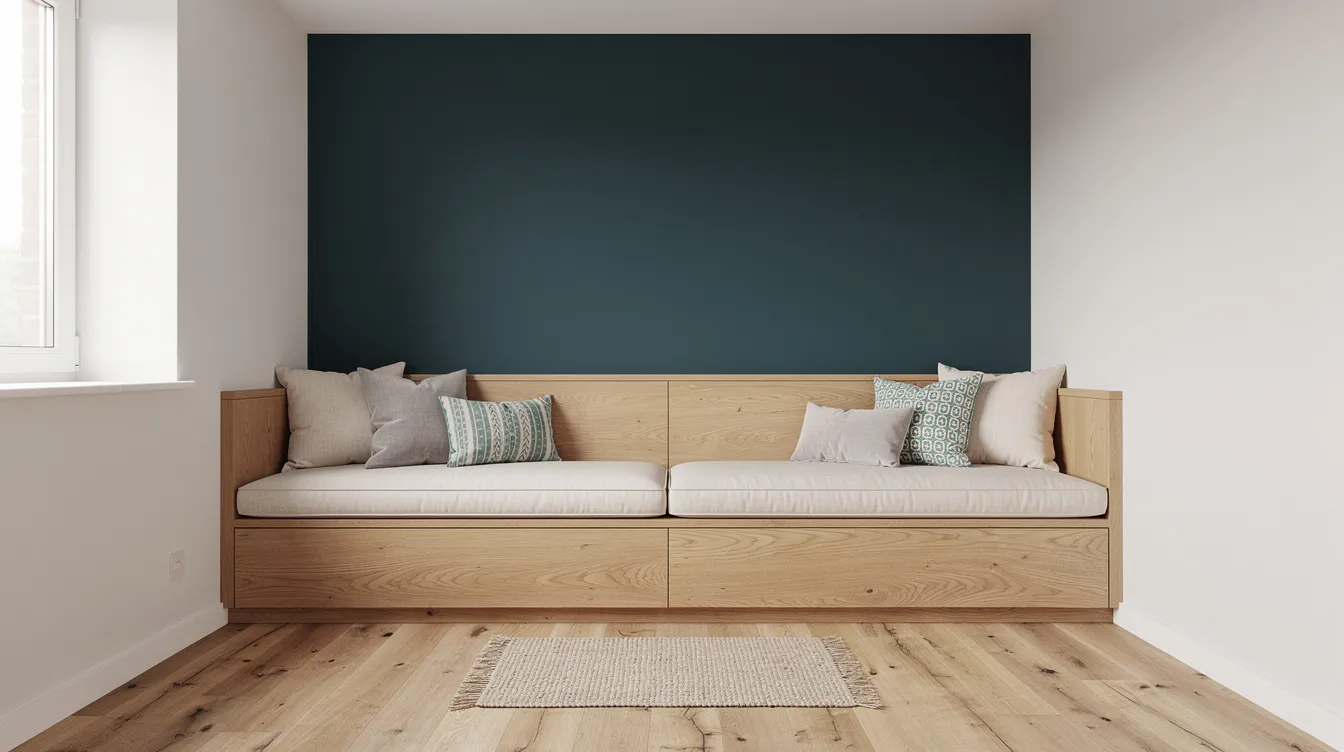 2ea3e701fe15425d956cd0abdb7fa56a The image features a small room with a deep teal accent wall that serves as a focal point behind a built in wooden bench adorned with cushions creating a cozy atmosphere in this tiny home The combination of light paint colors and the bench design adds personality and enhances the feeling of more space in the small area
